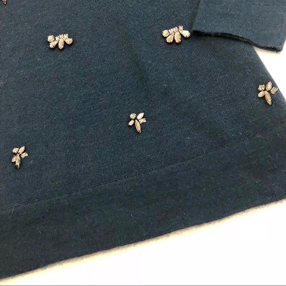 LOFT Navy Jeweled 3/4 Sleeves Crewneck Sweater - Picture 2 of 7